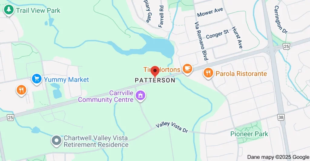 Garbage Bin Rental Service Area Map – Patterson Vaughan Service area map showing garbage bin rental coverage across Patterson Vaughan, including Dufferin Street, Bathurst Street, and Rutherford Road.