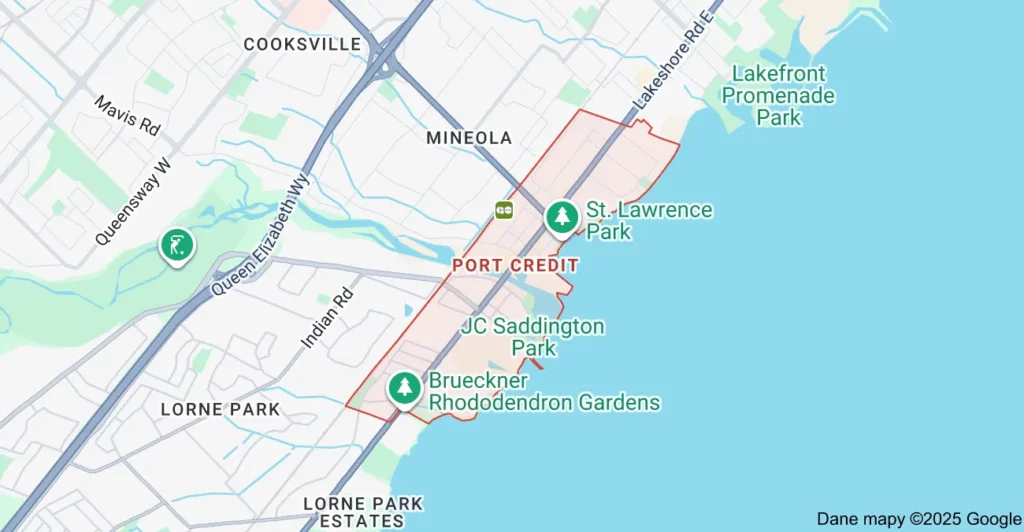 Service area map showing Flat Rate Bin garbage bin rental coverage in Port Credit Mississauga