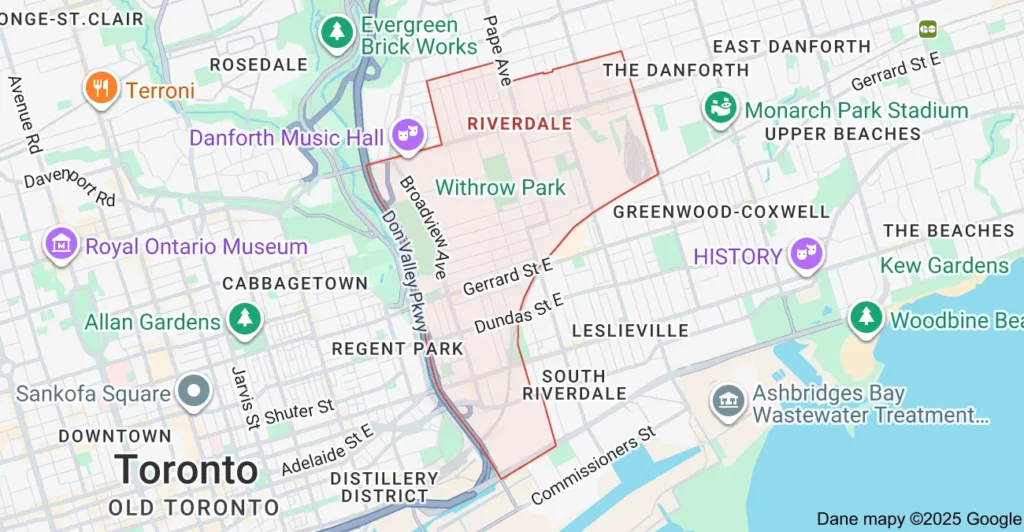 Riverdale Toronto Garbage Bin Rental Service Area Map Service area map showing Flat Rate Bin garbage bin rental coverage in Riverdale Toronto