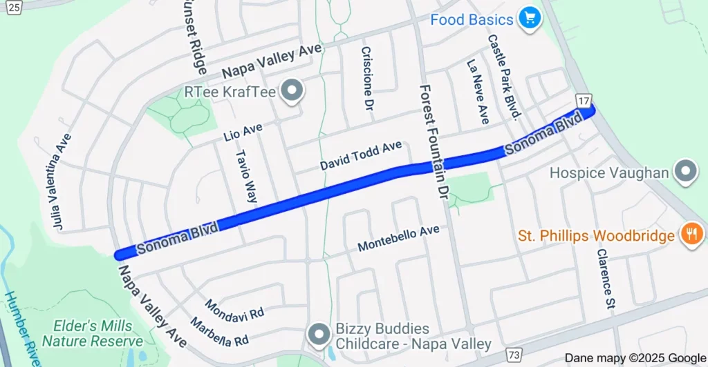 Service area map showing garbage bin rental coverage across Sonoma Heights Vaughan, including Islington Avenue, Rutherford Road, and Boyd Conservation Park.