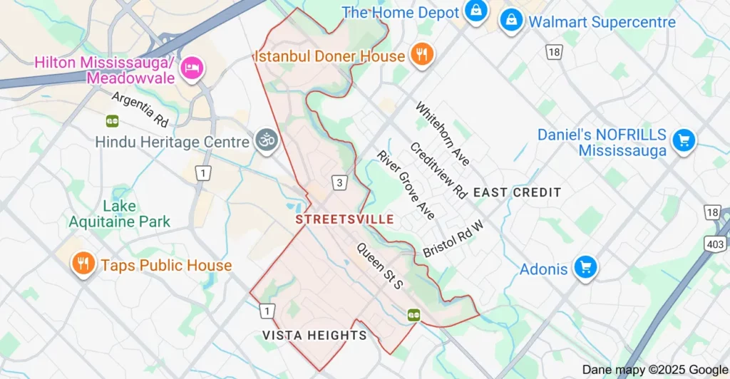 Service area map showing Flat Rate Bin garbage bin rental coverage in Streetsville Mississauga
