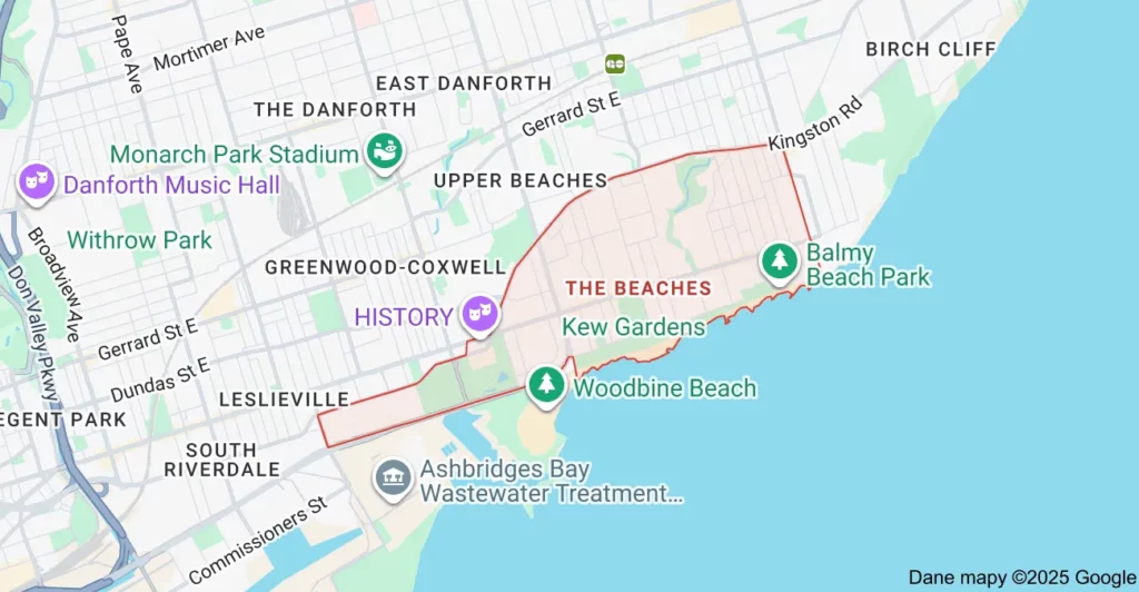 Service area map showing Flat Rate Bin garbage bin rental coverage in The Beaches Toronto