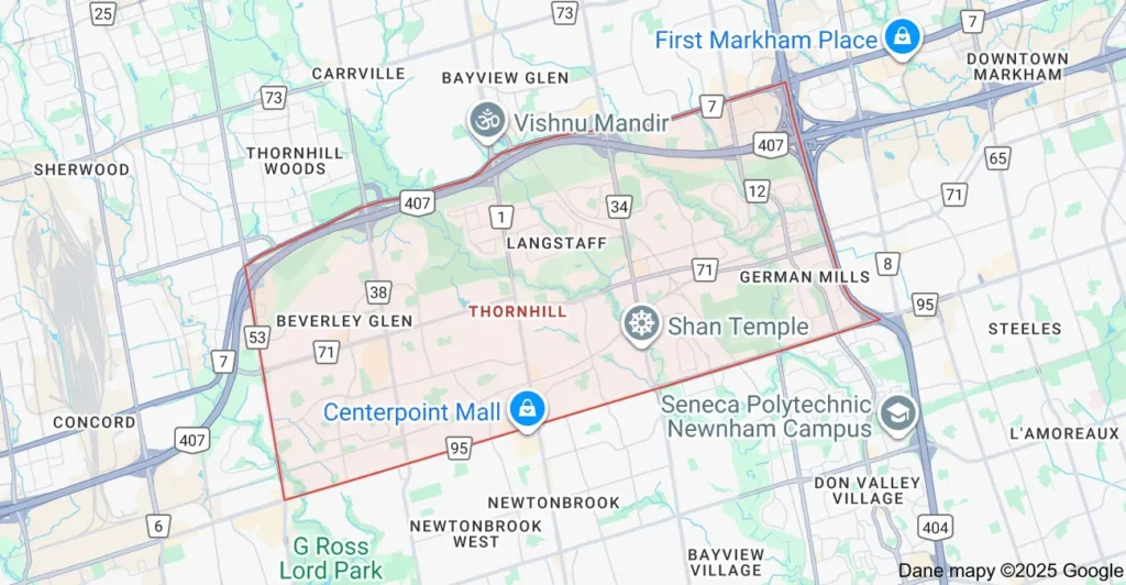 Service area map showing garbage bin rental coverage across Thornhill Vaughan, including Centre Street, Bathurst Street, and Dufferin Street.