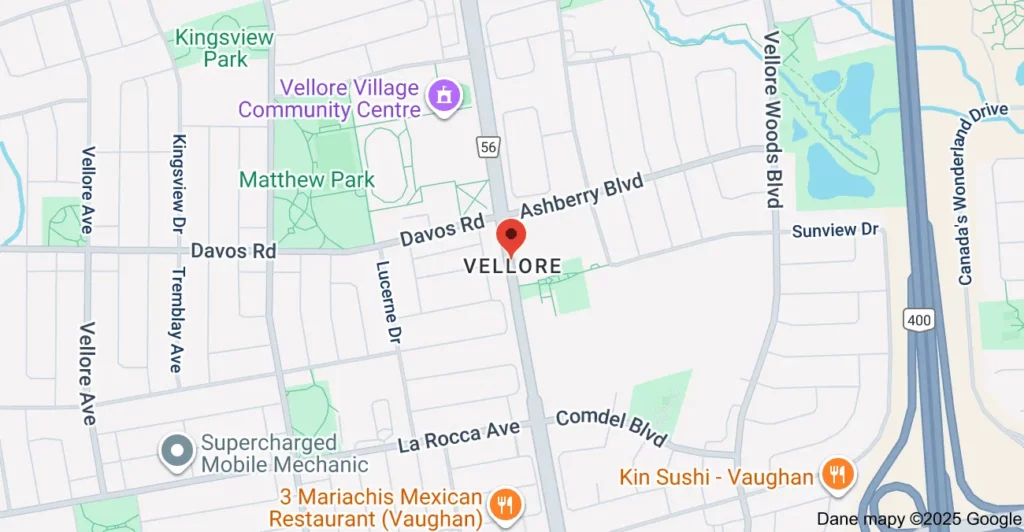 Service area map showing garbage bin rental coverage across Vellore Vaughan, including Vellore Village, Major Mackenzie Drive, and Weston Road.