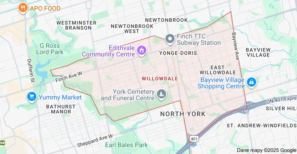 Service area map showing garbage bin rental coverage across Willowdale Toronto, including Yonge Street, Finch Avenue, and Sheppard Avenue.