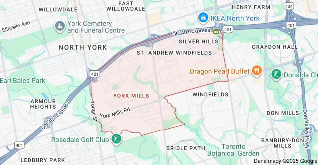 Service area map showing Flat Rate Bin garbage bin rental coverage in York Mills, North York, Toronto