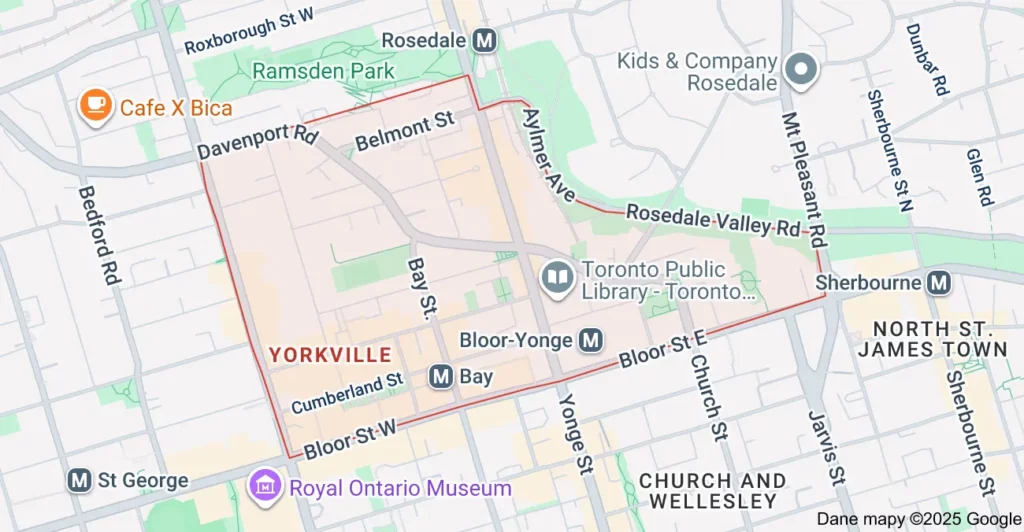 Service area map showing Flat Rate Bin garbage bin rental coverage in Yorkville Toronto